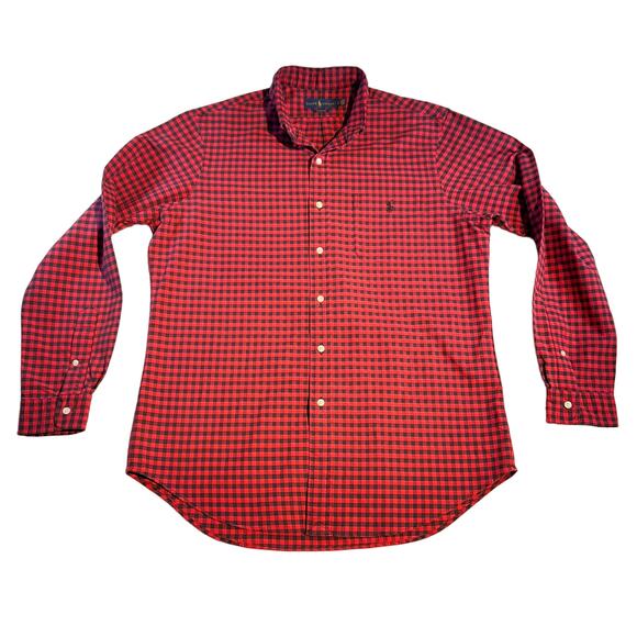Ralph Lauren Button Down Shirt Men Large Classic Fit Red Black Check Pocket Pony - Picture 1 of 16